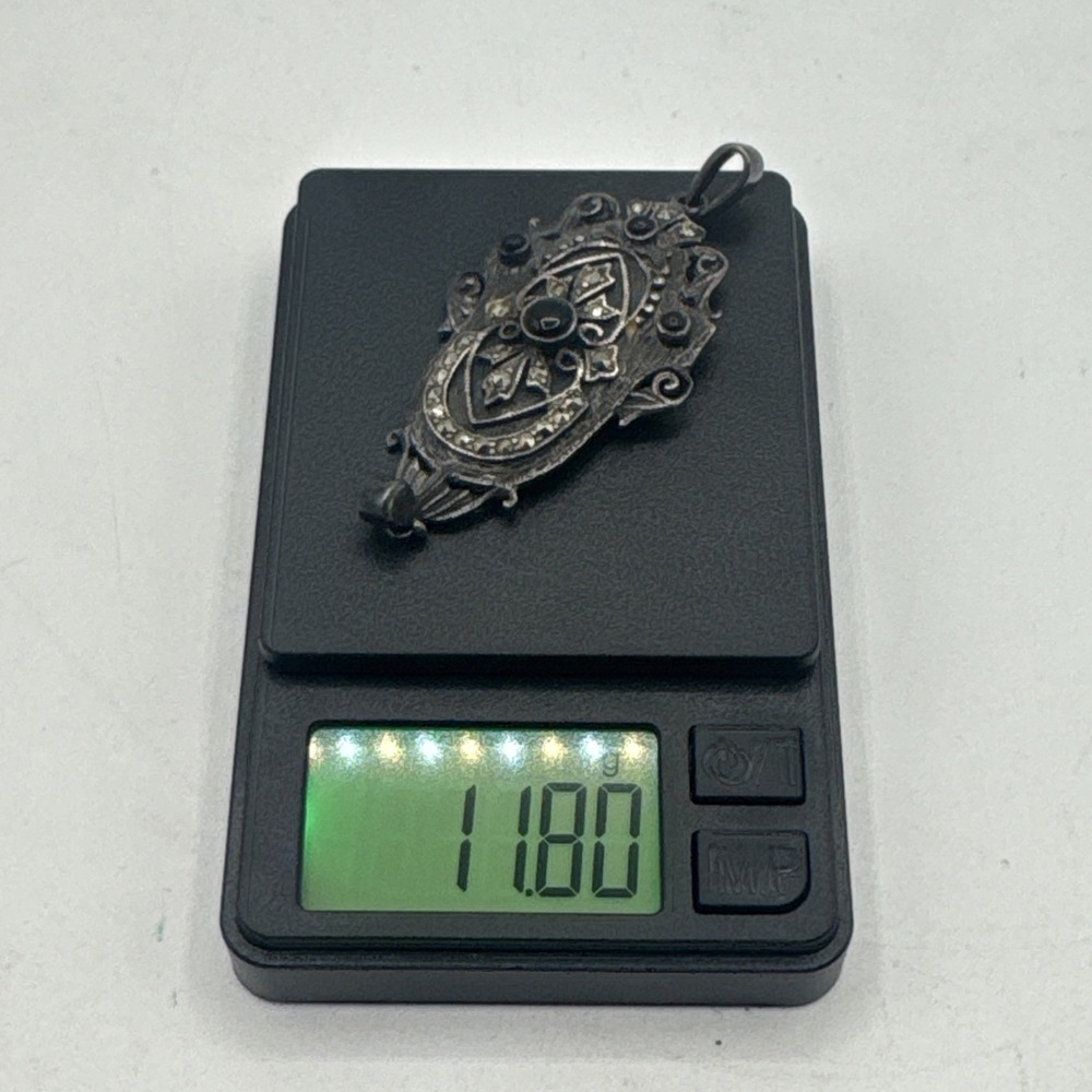 925 Sterling Silver Vintage Black Onyx & Marcasite Art-Deco-Style Pendant 11.8g - Picture 6 of 6